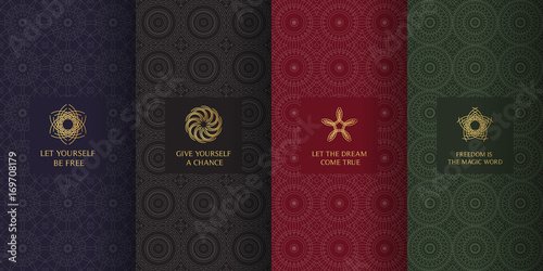 Collection of dark backgrounds and golden elements. Set of labels, icons, logos and patterns in arabic, muslim, islamic, oriental, eastern style.Templates with luxury foil for packaging