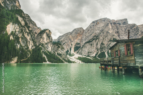 Lago di Braies or Pragser Wildsee in Fanes-Sennes-Braies Nature Park. Mountain lake with clear emerald waters in Valle di Braies in the Dolomite Alps in North Italy