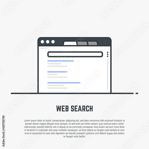 Webpage search engine concept. Web searching and page results or quarry. Flat style line modern vector illustration with retro colors.