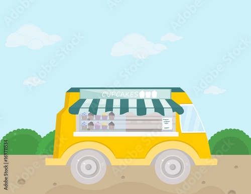Bakery bus Vector illustration. fresh cupcakes and pastry goods