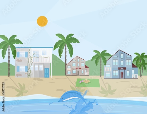 Sea shore village Vector illustration flat style
