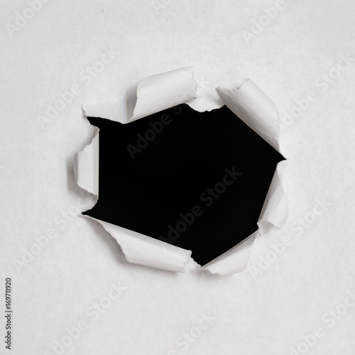 Vector hole in white paper texture with torn sides. Realistic illustration. Background for business. EPS10