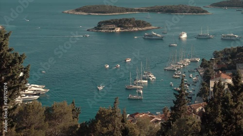 Harbor of old Adriatic island town Hvar. High angle view.