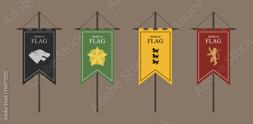 the flags of a country, state, or territory ruled by a king or queen. medieval vintage style flat design vector illustration. middle age kingdom. black green yellow red.