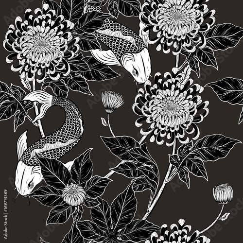 Koi fish and chrysanthemum pattern by hand drawing.Tattoo art highly detailed in line art style.Fish and flower seamless pattern.