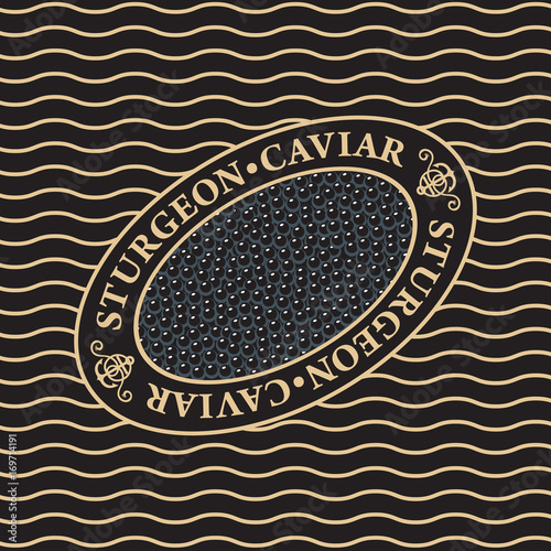 Vector label for sturgeon black caviar in oval frame on the waves background. Design element for fish-menu, banners, wrapping paper.