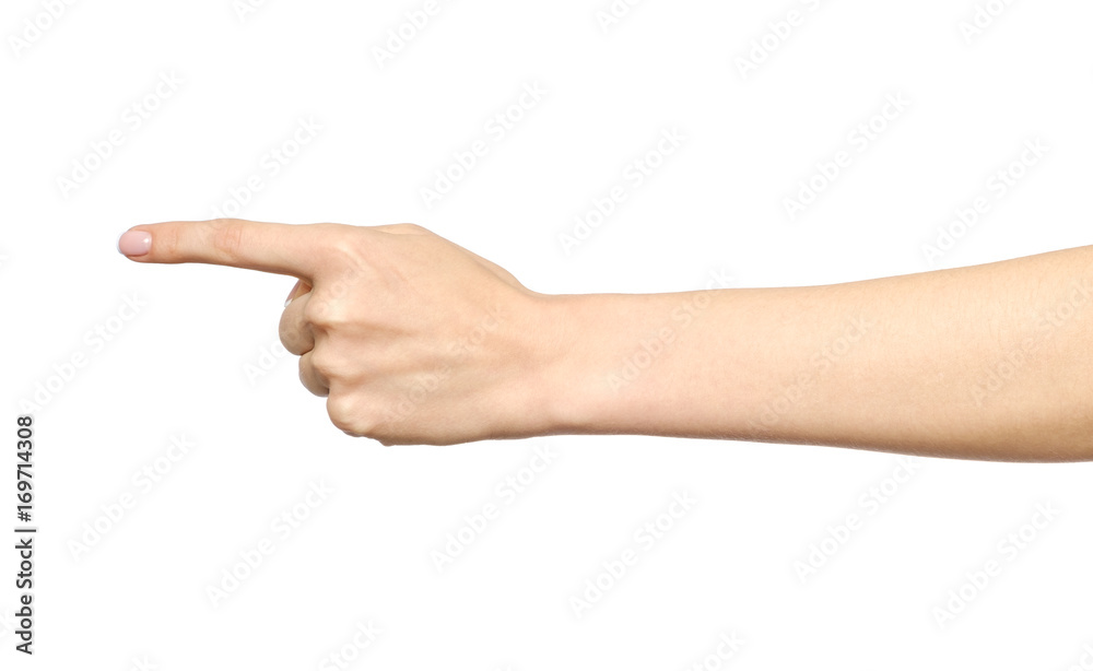 Female caucasian hand gesture of a single pointing finger Female caucasian hand gesture of a single pointing finger