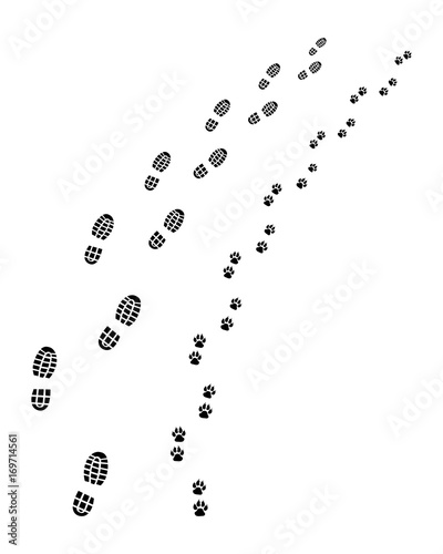 Footprints of man and dog, turn right, vector