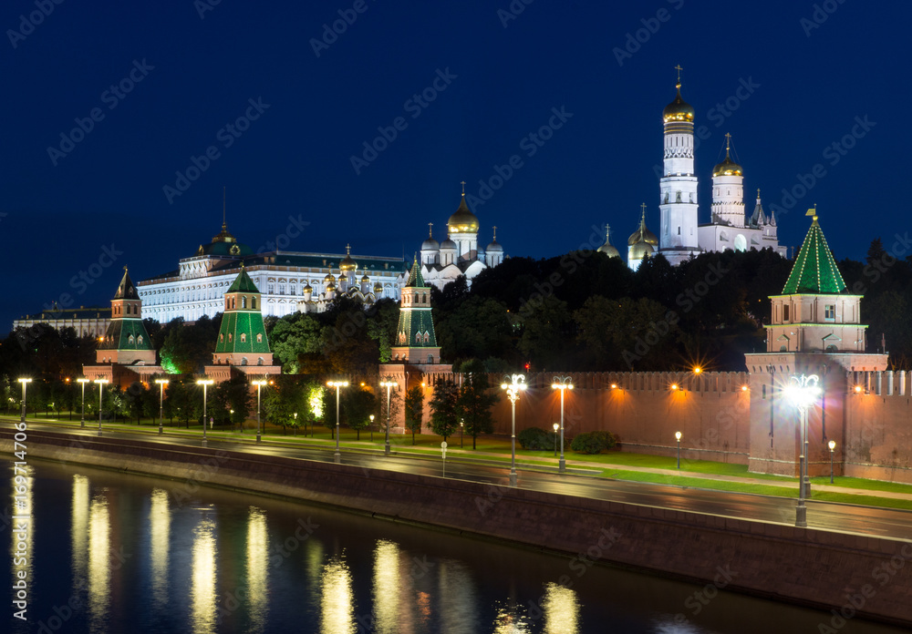 Moscow Kremlin with river at night, bridge view. background, architecture.