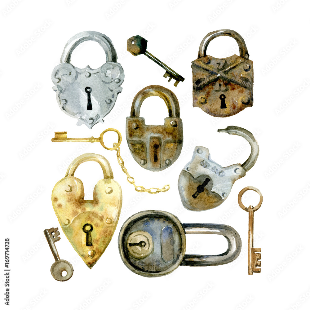 Keys and locks over watercolor background. Isolated Vector illustration.  Stock Vector by ©Croisy 89195070