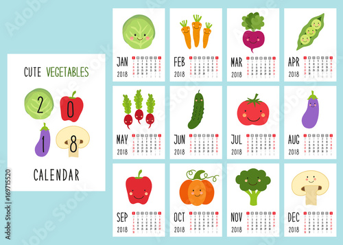 Cute 2018 calendar pages with smiling characters of vegetables and retro hand written thin font