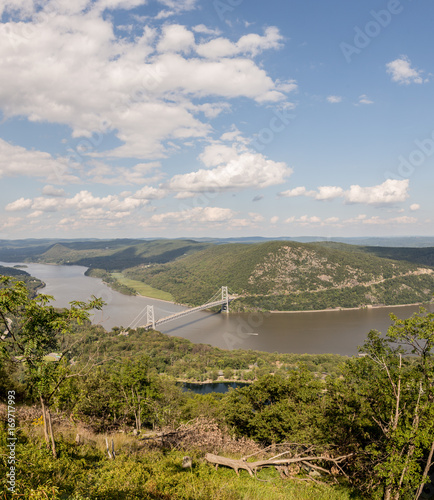 Scenic virew of bridge crossing the Hudson river from the top of a mountain during the summer.
