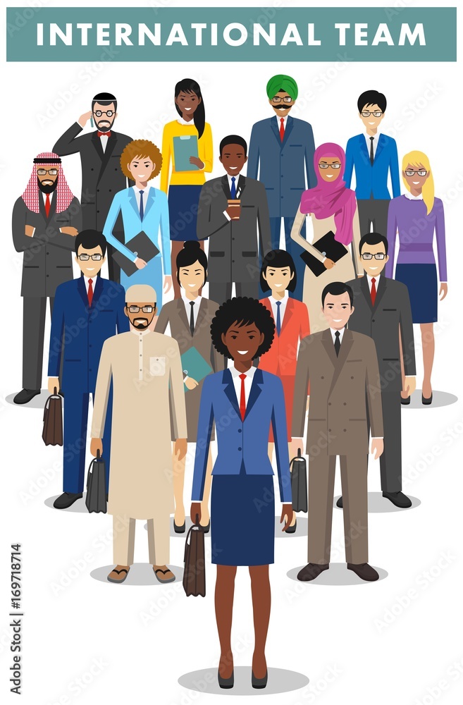 Group of business men and women, working people standing together on white background. Business team and teamwork concept. Different nationalities and dress styles. Flat design people characters. Group of business men and women, working people standing together on white background. Business team and teamwork concept. Different nationalities and dress styles. Flat design people characters.