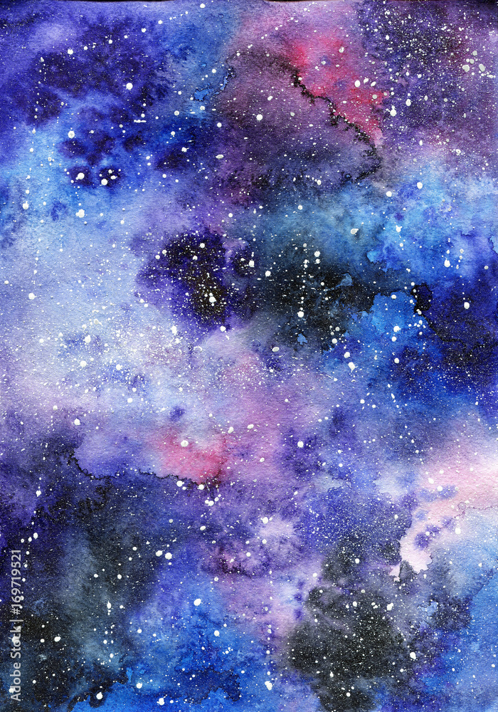 Bright painted watercolor space texture. Hand drawn background with text place.