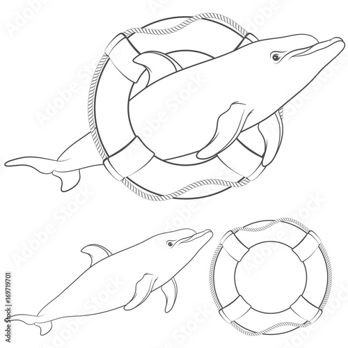Set of black and white illustrations with a dolphin and a life buoy. Isolated objects on white background.