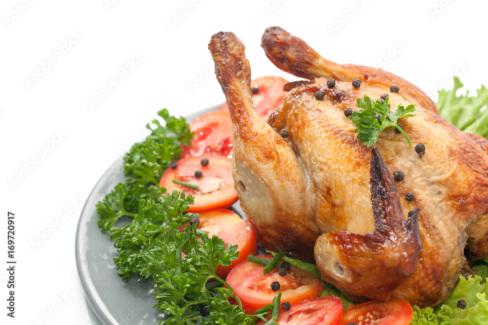 grilled chicken on plate decoration with vegetable grilled chicken on plate decoration with vegetable
