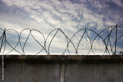 Coiled barbed wire fencing against a blue sky background