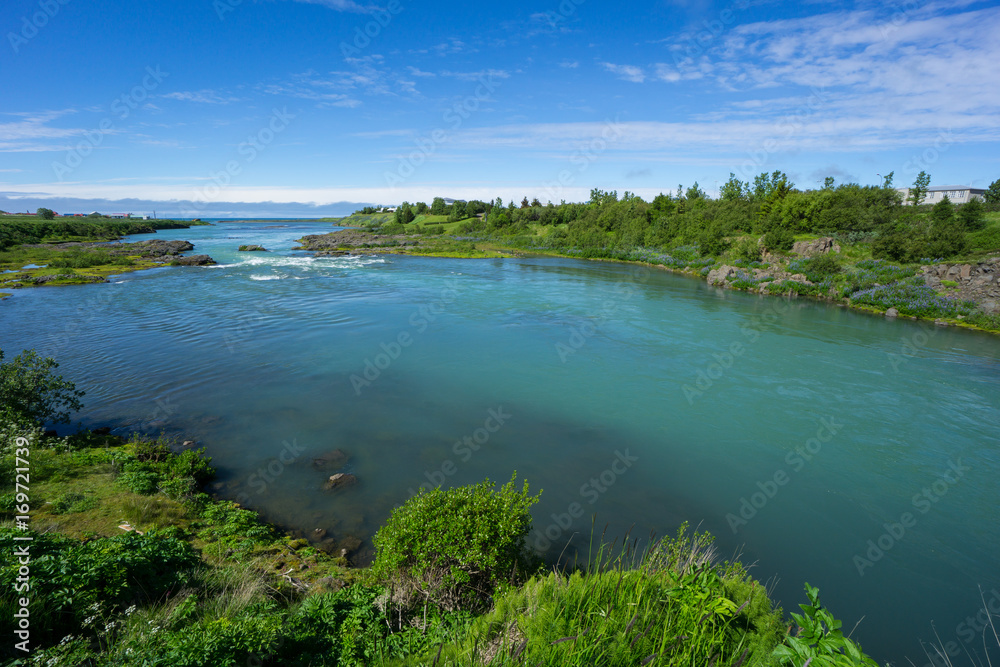 Iceland - Turquoise water of river between green plants flowing into the ocean