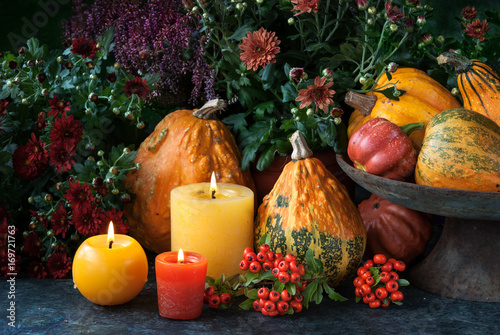Thanksgiving decor with candle and pumpkins