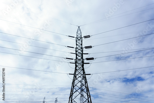 500 KV transmission line in maemoh lampang thailand. electricity transmission pylon with blue sky and cloud.