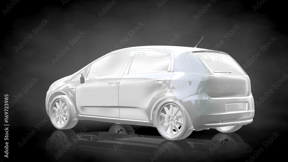 3d rendering of a white reflective car on a dark black background