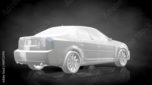 3d rendering of a white reflective car on a dark black background