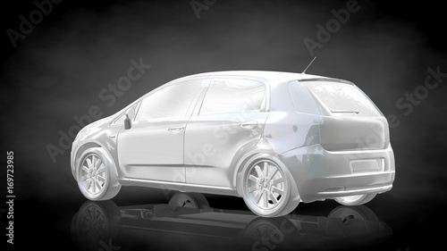 3d rendering of a white reflective car on a dark black background