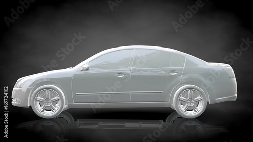 3d rendering of a white reflective car on a dark black background © Archmotion.net