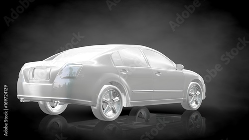3d rendering of a white reflective car on a dark black background
