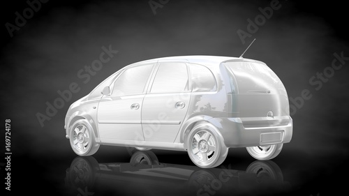3d rendering of a white reflective car on a dark black background © Archmotion.net