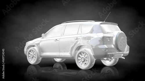 3d rendering of a white reflective car on a dark black background