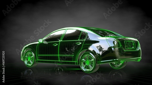 3d rendering of a car with green outlined stroke on a balck background