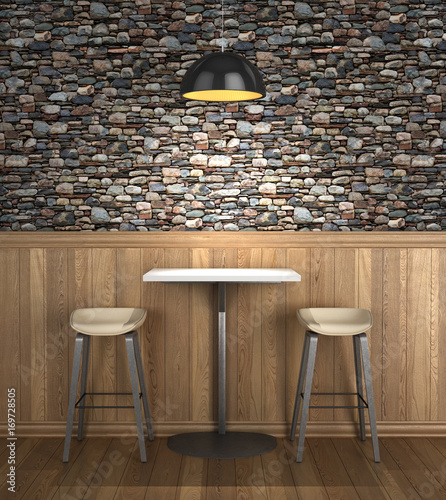 уютный столик в кафе, декор на стене из деревянных панелей. 3d иллюстрации