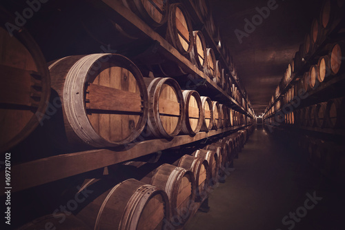 Photography Wine cellar with a row of barrels