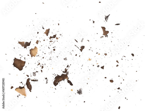 Ash with cardboard scraps, pieces isolated on white background, texture, top view