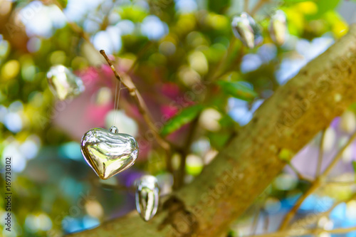 silver heart hanging on the branch of tree with bokeh of sunlight through the tree. copy space for text. valentine day , love concept.