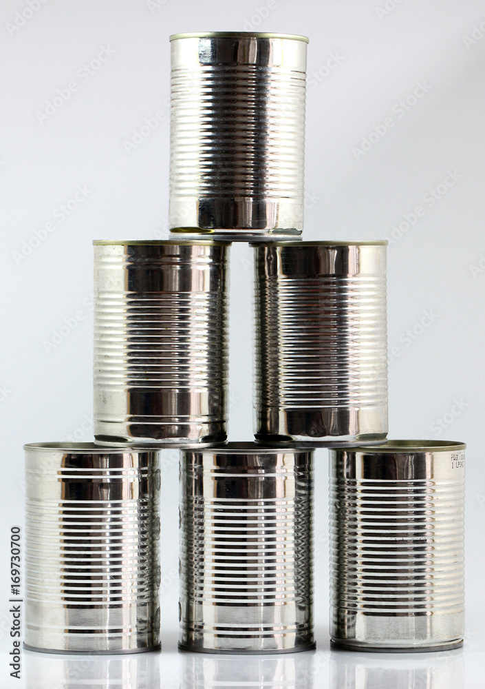 Five tin cans stacked on top of each other