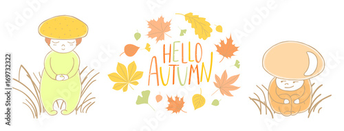 Hand drawn vector illustration of mushrooms red capped scaber stalk, honey fungus in the grass with wreath of leaves and, Hello Autumn.