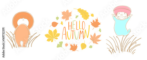 Hand drawn vector illustration of cute mushrooms saffron milk cap, woolly milk cap in the grass with wreath of leaves, text Hello Autumn.