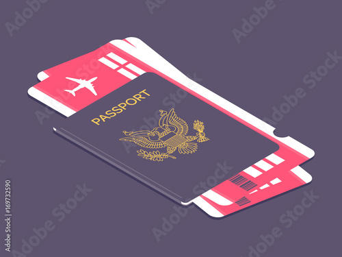 US passport with boarding passes tickets for traveling by plane. Airline tickets and passport. Concept for travel and vacations. Vector illustration