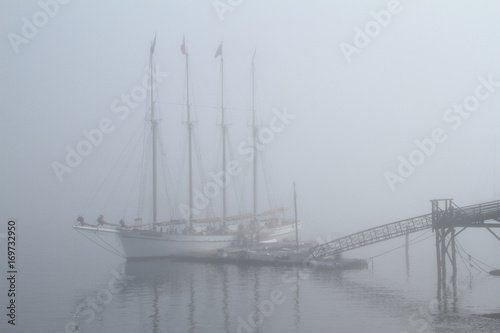 Schooner in fog, Bar Harbor, Maine