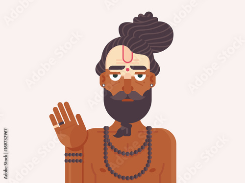 Indian Sadhu Monk. Cartoon character of an Holy Sadhu man with traditional painted face. Hindu Spirit Guide. Flat vector illustration