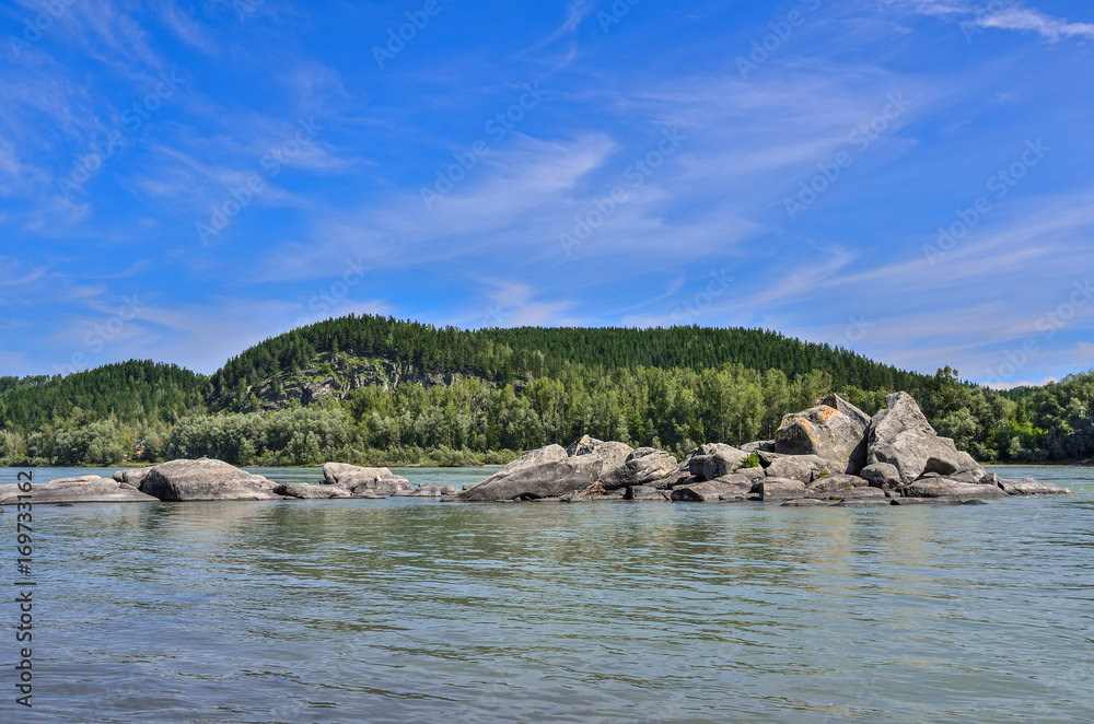 Beautiful mountain river - sunny summer landscape Beautiful mountain river - sunny summer landscape