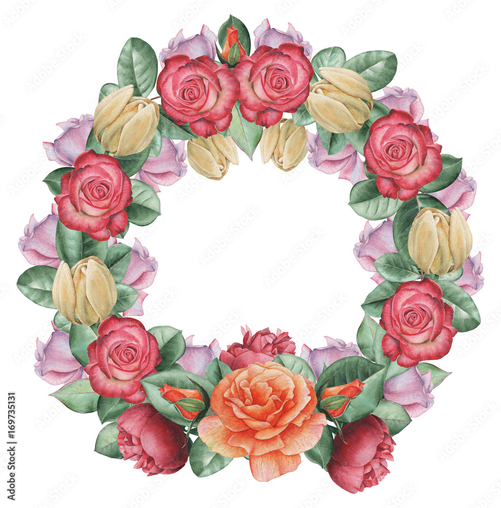Hand painted watercolor wreath of Flowers and Leaves, isolated on white background