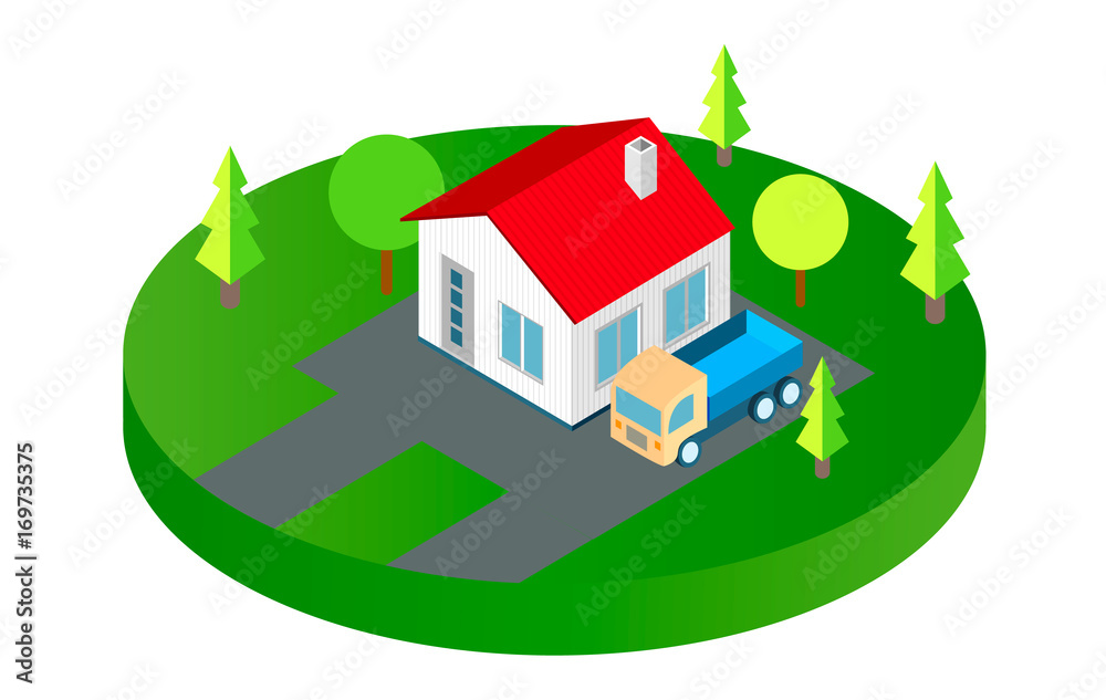 Vector isometric house with a truck representing a country house. Vektop EPS10
