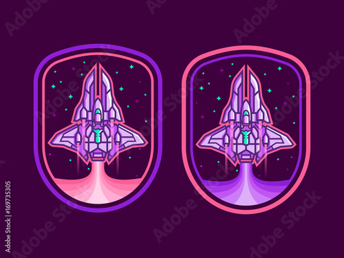 Space shuttle concept badge design. Ship launch astronaut mission badge. Spaceship emblem