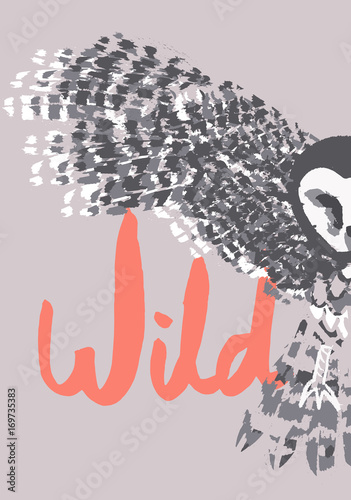 Flying owl. Hand drawn vector illustration. Wild.