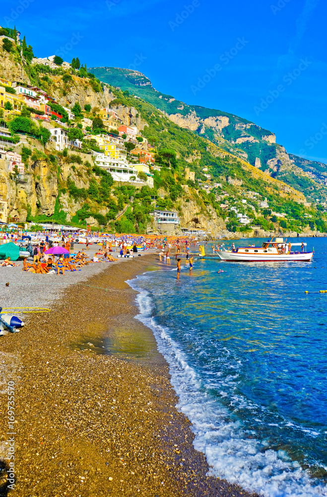 View of Positano village on a sunny day along Amalfi Coast in Italy.