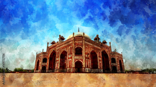 Watercolor painting of Humayun's Tomb, New Delhi. Historical place in New Delhi, India. photo