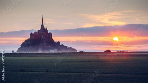 Mont Saint-Michel view in the sunrise light. Normandy, northern France